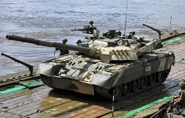 Picture tank, pond, T-80, armored vehicles of Russia, Pontoon bridge army, Russian soldiers