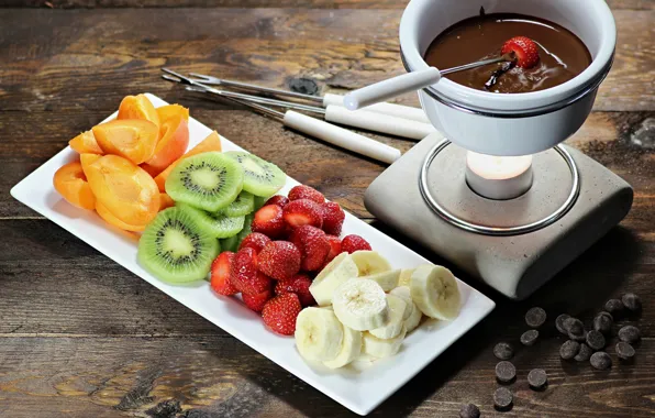 Chocolate, kiwi, strawberry, fruit, banana, apricots