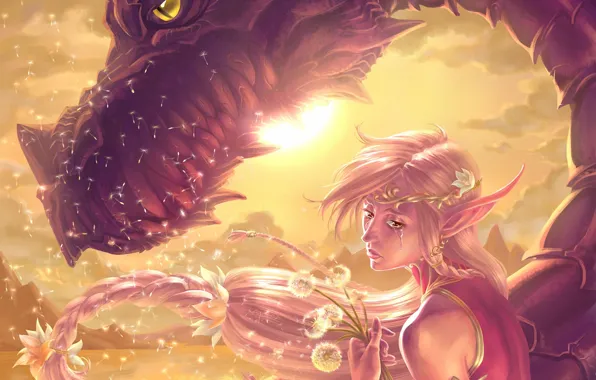 Picture girl, the sun, flowers, emotions, dragon, elf, fantasy, art