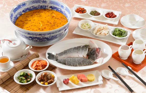 Fish, soup, vegetables, cuts