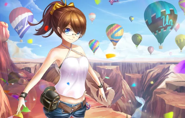 Picture girl, mountains, balloon, anime, art, glasses, jurrig