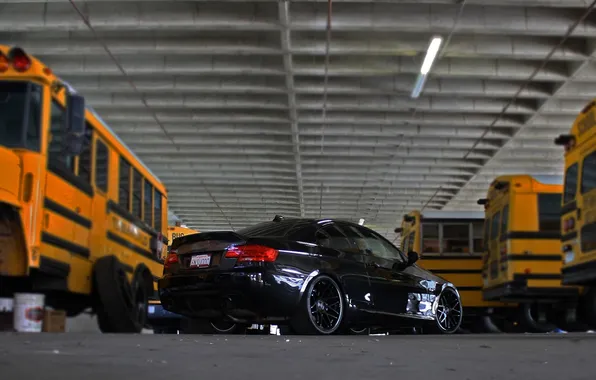 Black, bmw, BMW, black, rear view, 335i, school buses