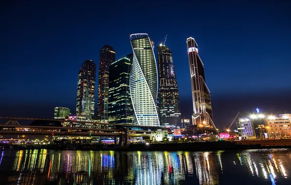 The sky, Water, Reflection, Night, River, Skyscrapers, Moscow, Russia