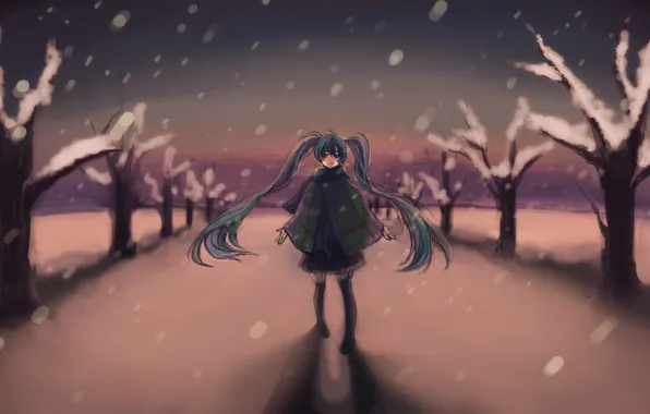 Picture winter, snow, trees, the evening, art, girl, vocaloid, hatsune miku