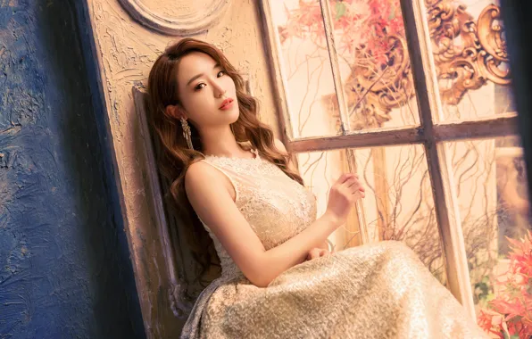 Look, girl, light, flowers, face, pose, wall, portrait