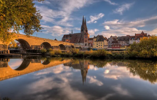 Autumn, the sky, reflection, trees, bridge, river, HDR, home