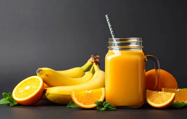 Oranges, juice, bananas, mug, Bank, banana, fresh, straw