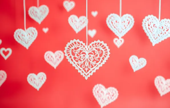 Pattern, heart, hearts, white, ornament, red background, Valentine's Day, suspension