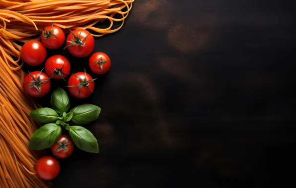 Greens, leaves, the dark background, Board, tomatoes, spaghetti, tomatoes, spices