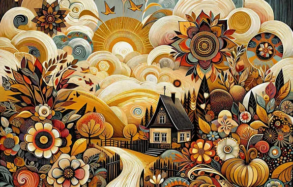 Road, autumn, the sun, clouds, flowers, pattern, styling, garden