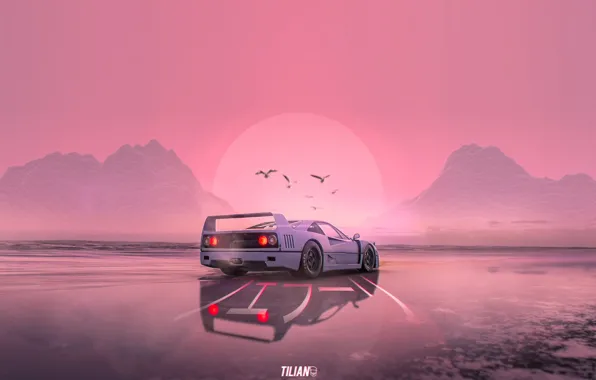 Sunset, The sun, Music, White, Style, Background, Ferrari, F40