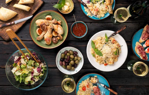 Wine, chicken, figure, olives, sauce, dish, salad