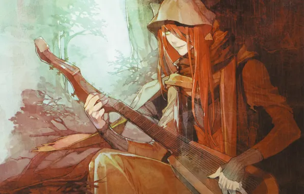 Tree, strings, the demon, red, hood, musician, ears, musical instrument