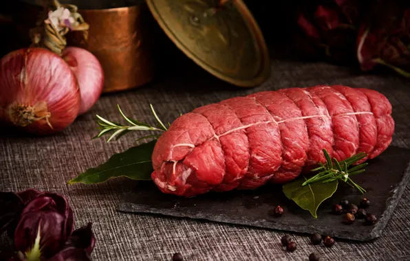 Table, Board, rope, bow, meat, dishes, spices, Bay leaf