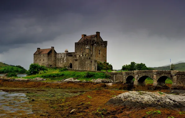 The sky, clouds, bridge, stones, castle, overcast, hills, shore