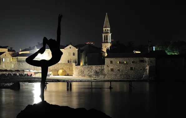 Picture sea, night, the city, Montenegro, Budva