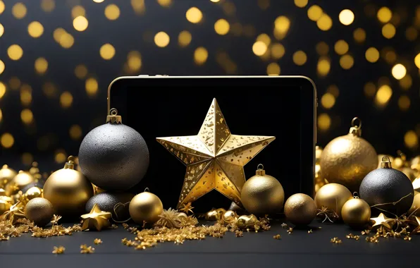 Computer, stars, balls, lights, the dark background, gold, star, Shine