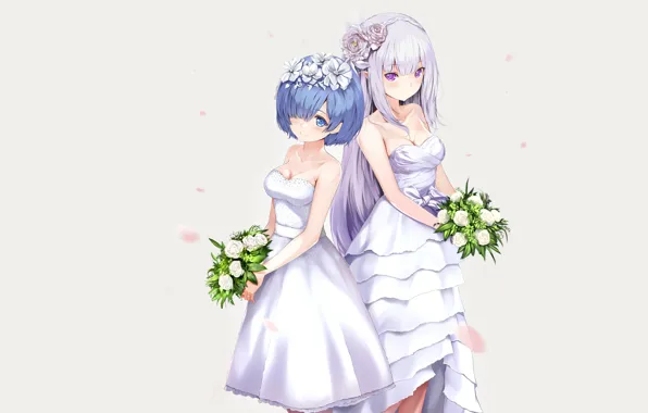 Flowers, girls, anime, art, dresses, Emilia, Re: Zero kara hajime chip isek or Seikatsu, REM