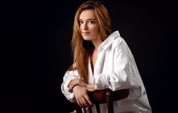 Look, girl, pose, background, hair, portrait, chair, shirt