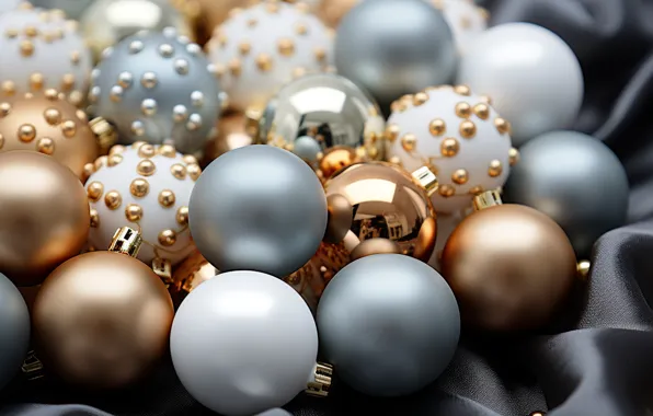 Balls, New Year, Christmas, silver, golden, new year, happy, Christmas