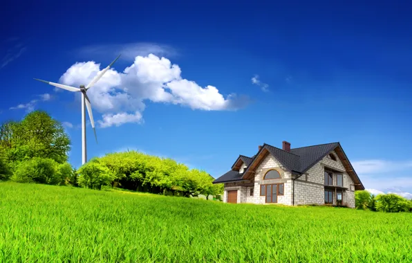 Field, summer, the sky, clouds, trees, house, house, sky