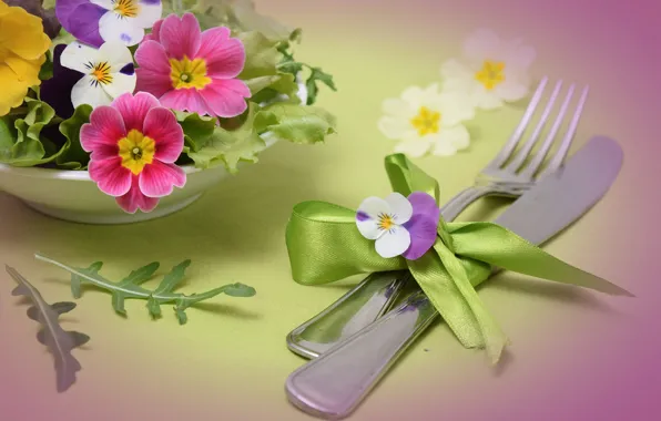 Flowers, tape, bow, Cutlery
