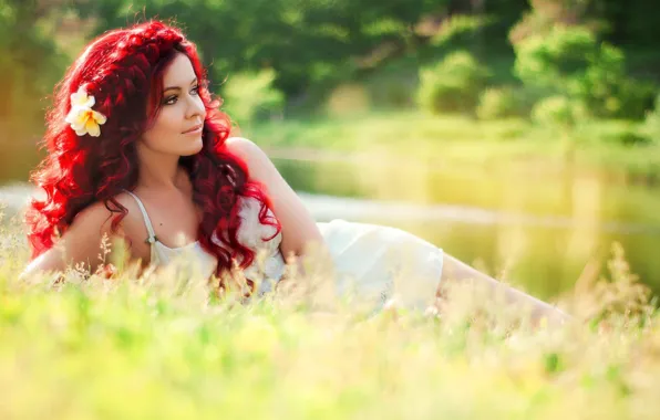Girl, hair, meadow, red, curls, sundress, red hair, Yummy Alice