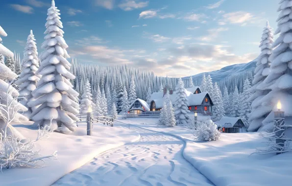 Winter, forest, snow, tree, New Year, village, Christmas, houses