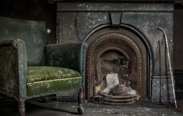 Picture house, chair, fireplace