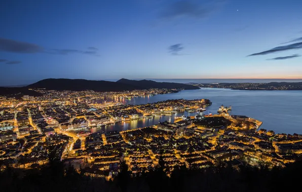 The sky, lights, the evening, horizon, Norway, Bay, Bergen