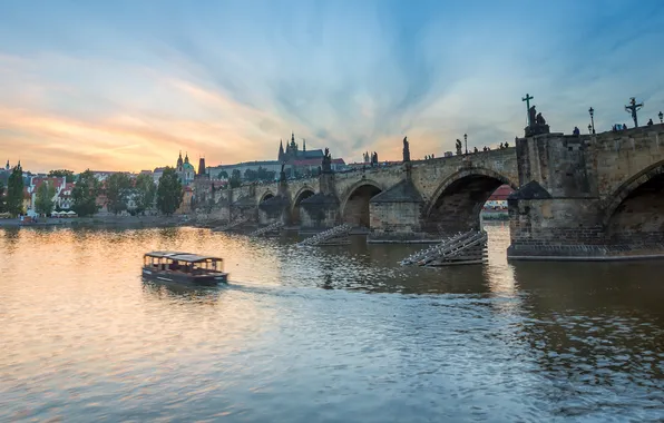 The sky, river, Prague, Czech Republic, Cathedral, boat, Charles bridge