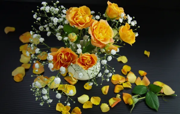 Roses, bouquet, petals, yellow