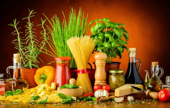 Greens, leaves, oil, cheese, pepper, pitcher, tomatoes, spices