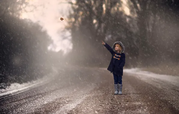 Picture road, autumn, snow, sheet, girl