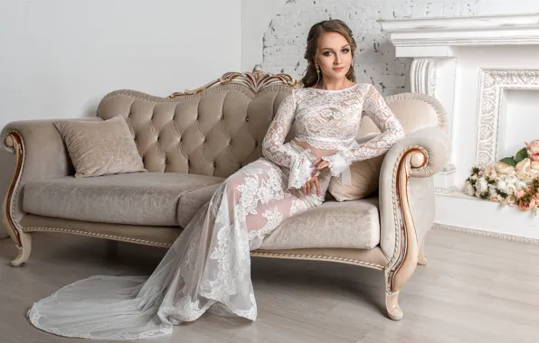 Picture girl, flowers, sofa, sweetheart, dress, beauty, fireplace, the bride