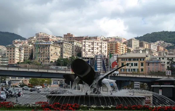 Mountains, home, Italy, fountain, Genoa, the area in front of the Maritime station
