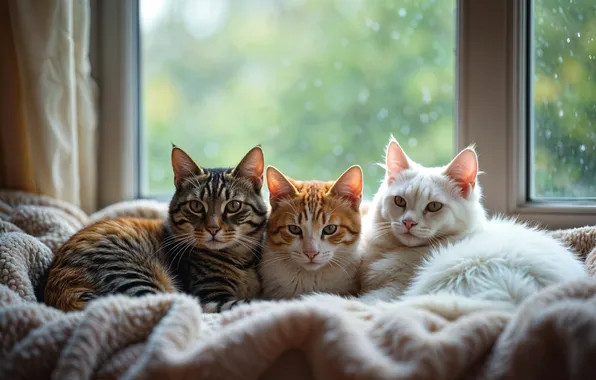 White, look, cats, pose, grey, together, cats, window