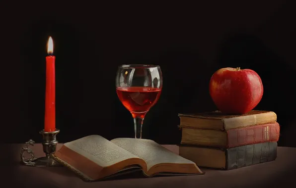 Wine, glass, books, Apple, candle, still life