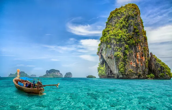 Picture trees, nature, the ocean, rocks, boat