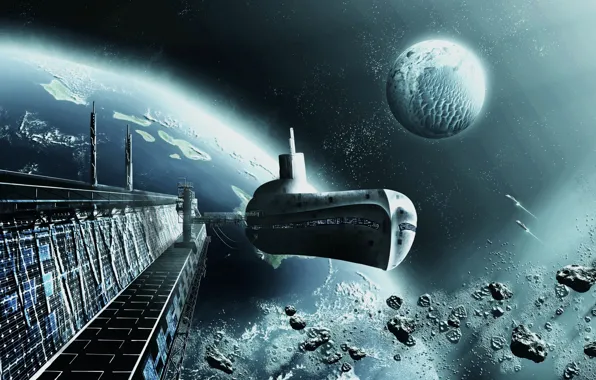 Space, ship, planet, orbit, space, ship, spaceport