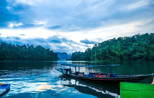 Forest, the sky, clouds, trees, lake, shore, boats, Thailand
