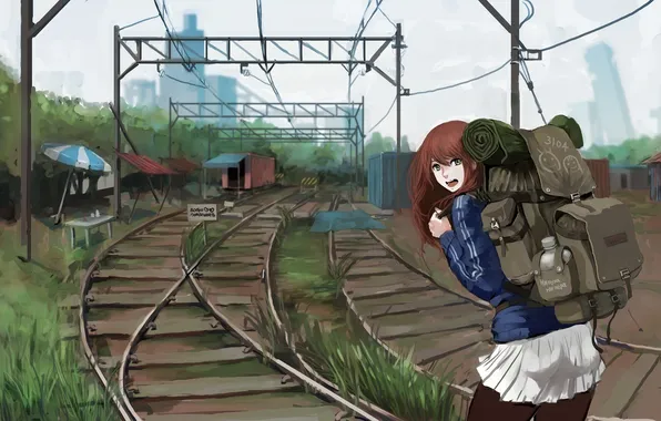 Picture girl, the way, the city, smile, rails, home, anime, cars