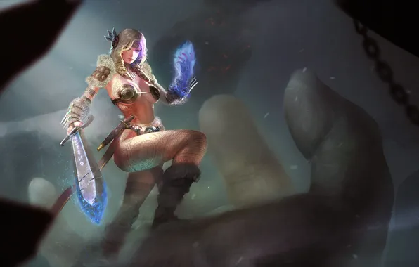 Chest, girl, magic, feet, body, hand, sword, beauty