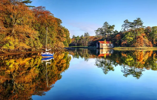 Autumn, lake, boat, yacht, house, Ireland, County Mayo