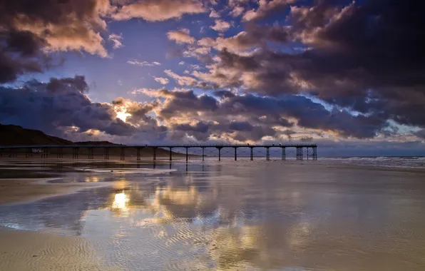 Sea, landscape, sunset, bridge