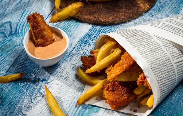 Fish, newspaper, sauce, potatoes, free, bag