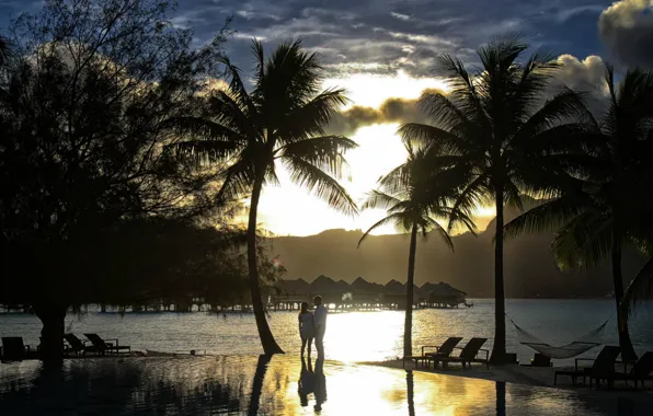 Palm trees, the ocean, the evening, two, Bora-Bora, sunset over pool