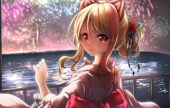 Sweetheart, salute, girl, fireworks, kimono, red eyes, in the sky, flower in hair