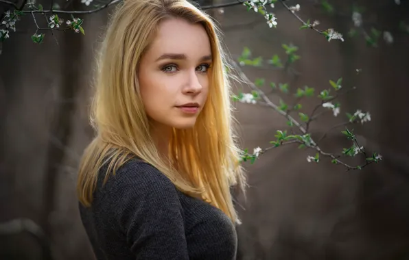 Look, girl, flowers, branches, nature, portrait, spring, makeup