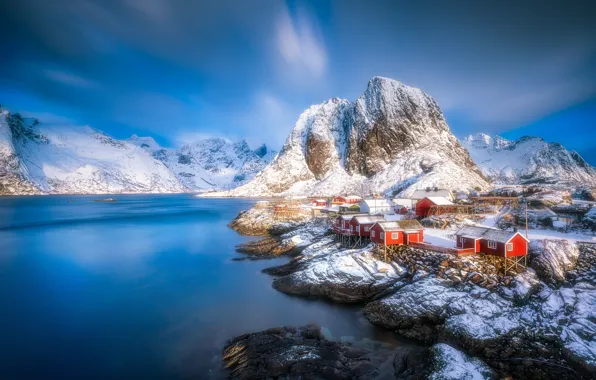 Winter, water, mountains, village, Norway, houses, Norway, the fjord